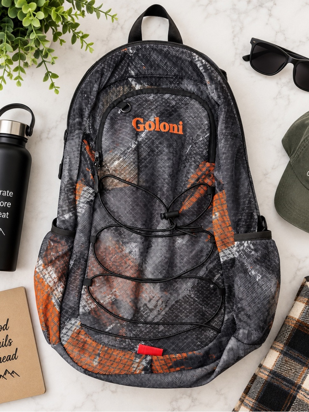 Goloni Gray Orange Camo Outdoor Hiking Travel Backpack Daypack Bungee Cord